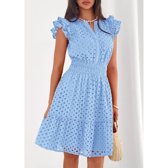 Women's Light Blue V Neck Eyelet Cap Sleeve Summer Beach Vacation Sundresseses - Picture 3 of 8